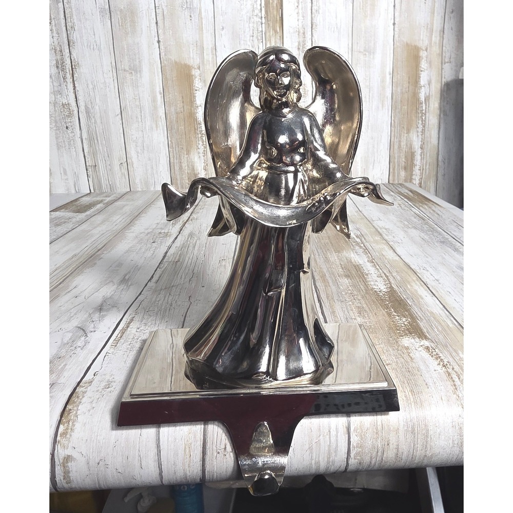 Silver Angel Christmas Stocking Holder Weighted Mantel Hanger Polished Metal